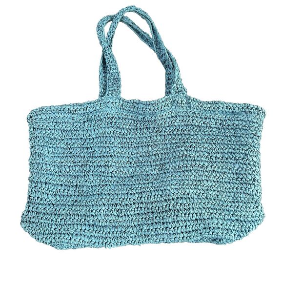 Rotate Birger Christensen Neeti Embroidered Logo Raffia Tote Shopping Bag Blue - Picture 4 of 7